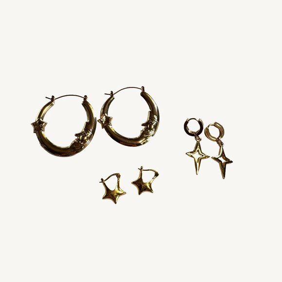 Gold Costume Jewelry Bundle of 3 Pairs of Earrings Stars, Moon, Hoops - Picture 1 of 4